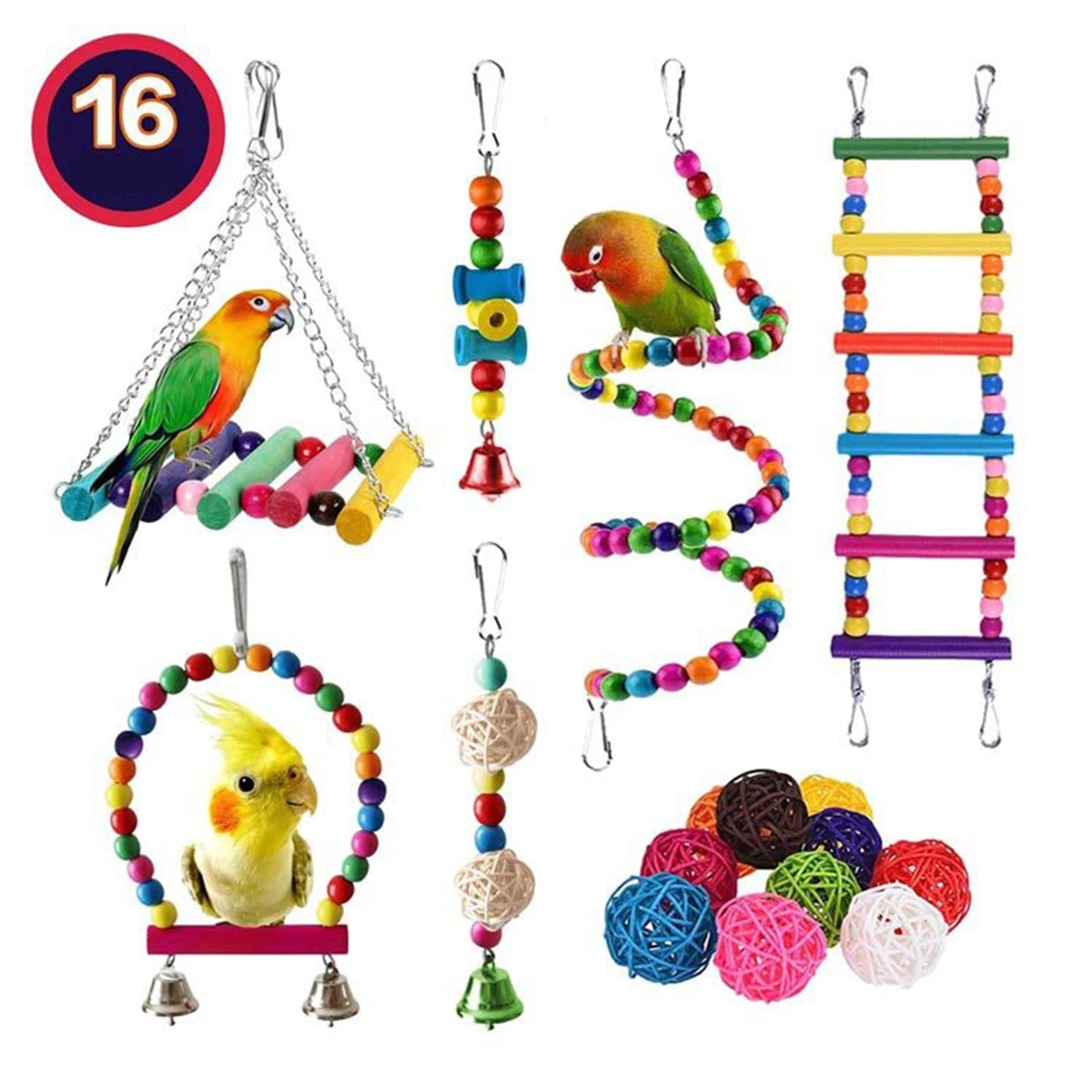 Kit de Brinquedos para Pássaros – 7 ou 16 Peças de Brinquedos Variados