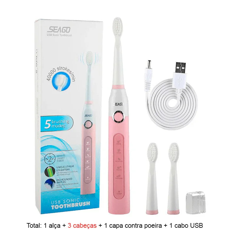 Escova de Dentes Elétrica Recarregável Sonic Travel: Limpeza Conveniente com Cabeças de Substituição para Adultos - Loja Universo 4V