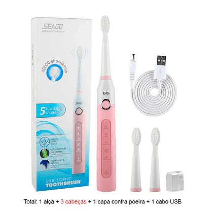 Escova de Dentes Elétrica Recarregável Sonic Travel: Limpeza Conveniente com Cabeças de Substituição para Adultos - Loja Universo 4V