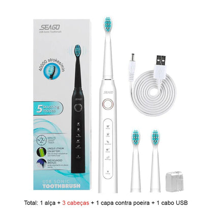 Escova de Dentes Elétrica Recarregável Sonic Travel: Limpeza Conveniente com Cabeças de Substituição para Adultos - Loja Universo 4V