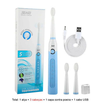 Escova de Dentes Elétrica Recarregável Sonic Travel: Limpeza Conveniente com Cabeças de Substituição para Adultos - Loja Universo 4V