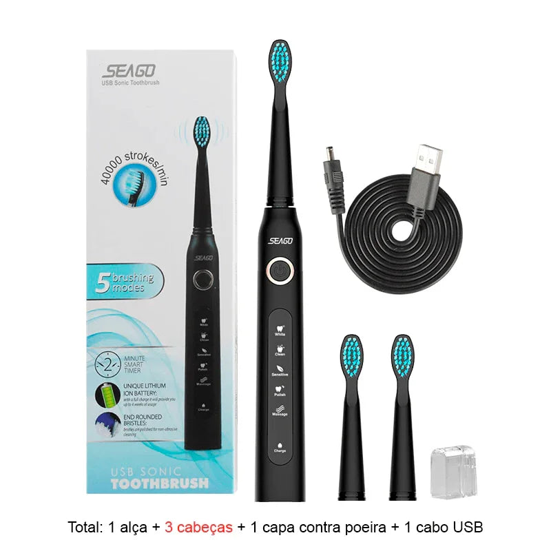 Escova de Dentes Elétrica Recarregável Sonic Travel: Limpeza Conveniente com Cabeças de Substituição para Adultos - Loja Universo 4V