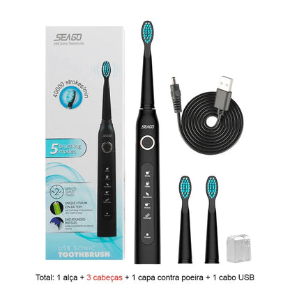 Escova de Dentes Elétrica Recarregável Sonic Travel: Limpeza Conveniente com Cabeças de Substituição para Adultos - Loja Universo 4V