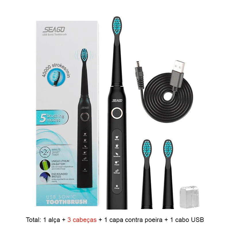 Escova de Dentes Elétrica Recarregável Sonic Travel: Limpeza Conveniente com Cabeças de Substituição para Adultos - Loja Universo 4V