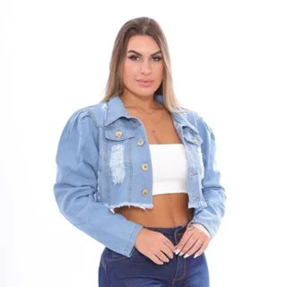 Jaqueta de jeans cropped manga princesa