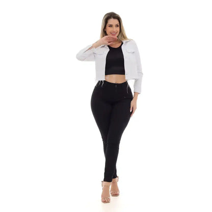 Jaqueta Feminina Cropeed Jeans Branca Desfiada Tendência Outono Inverno