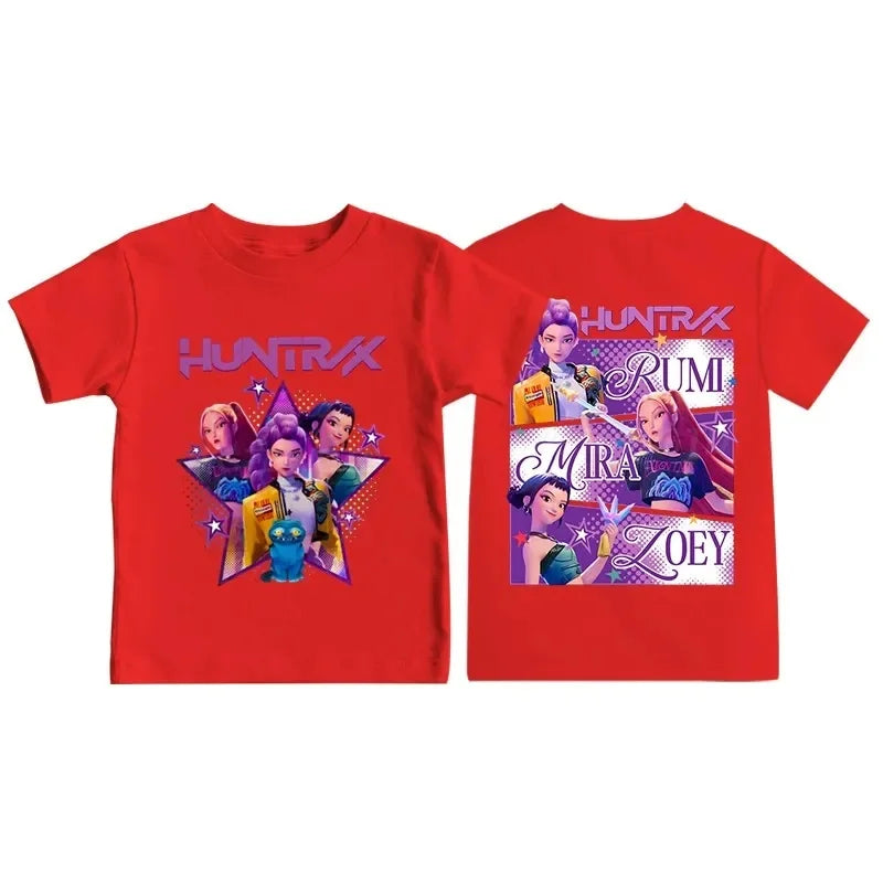 Camiseta Infantil Kpop Demon Hunters 2025 – Estampa Gráfica Exclusiva, Manga Curta e Tecido Confortável
