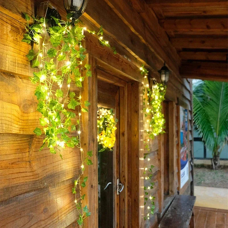 Guirlanda Artificial com Folhas de Hera e Luzes LED – 2,3m/3m para Decoração de Casa, Casamento e Festas