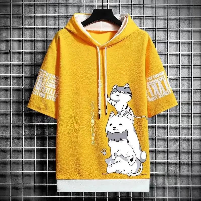 Moda japonesa Moletons masculinos Desenho animado Casual Harajuku Streetwear com capuz e Manga curta