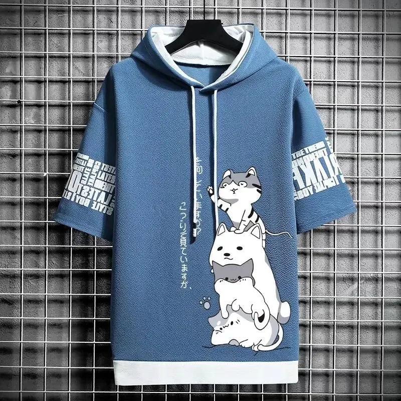 Moda japonesa Moletons masculinos Desenho animado Casual Harajuku Streetwear com capuz e Manga curta