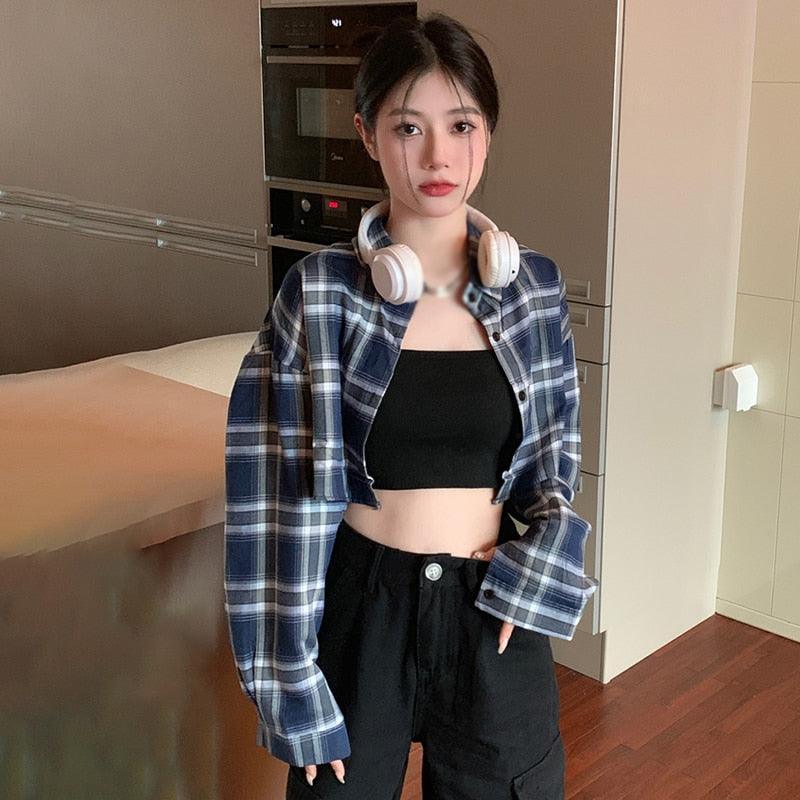Camisas Femininas Casuais Xadrez com Gola Virada para Baixo: Estilo Coreano em Cada Detalhe - Loja Universo 4V