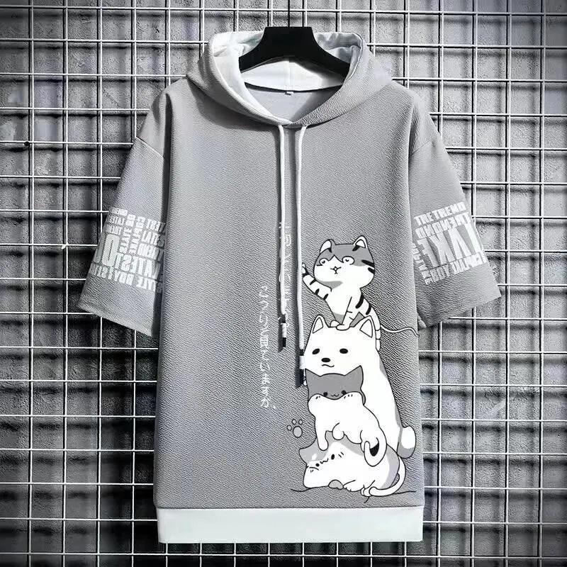 Moda japonesa Moletons masculinos Desenho animado Casual Harajuku Streetwear com capuz e Manga curta