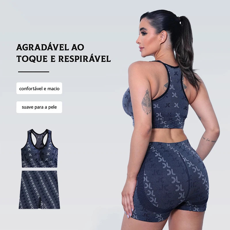 Conjunto Feminino de Roupas para Yoga - Seamless, Cintura Alta, Estampa Minimalista