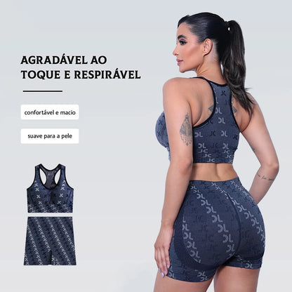 Conjunto Feminino de Roupas para Yoga - Seamless, Cintura Alta, Estampa Minimalista