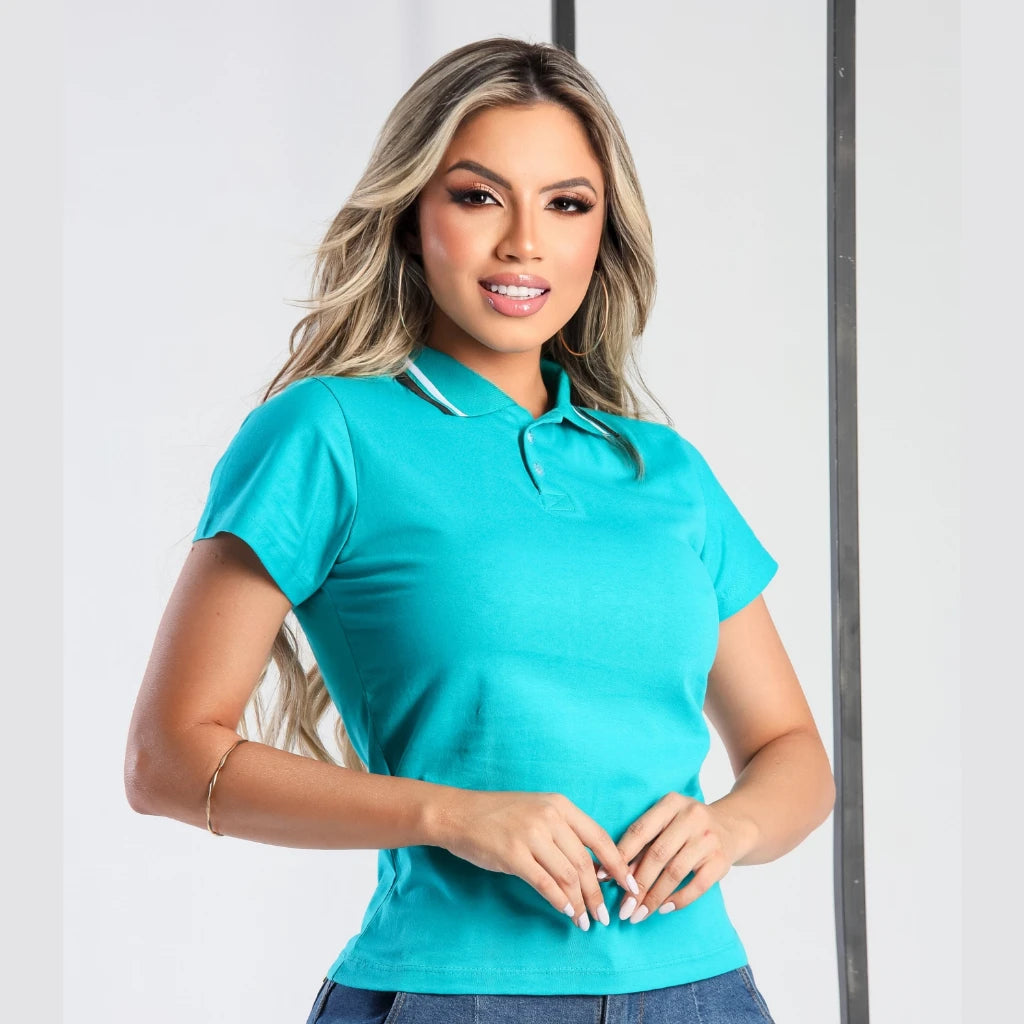 Camiseta Polo Feminina Baby Look em Algodão
