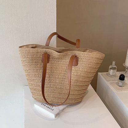 Bolsa Feminina de Palha Trançada - Grande Capacidade para Praia, Compras e Estilo de Verão