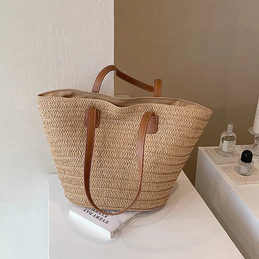 Bolsa Feminina de Palha Trançada - Grande Capacidade para Praia, Compras e Estilo de Verão