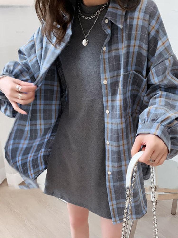 Camisa Feminina Xadrez: Moda Coreana Oversize para um Estilo Harajuku Descolado