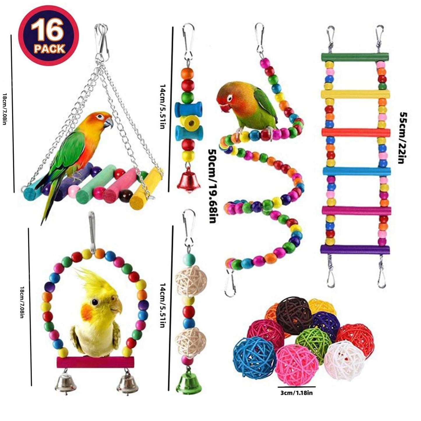 Kit de Brinquedos para Pássaros – 7 ou 16 Peças de Brinquedos Variados