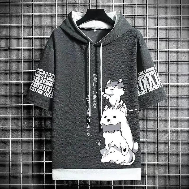 Moda japonesa Moletons masculinos Desenho animado Casual Harajuku Streetwear com capuz e Manga curta