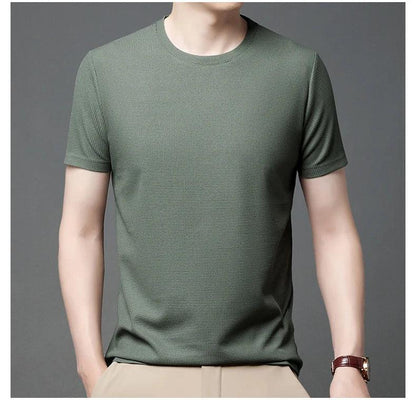 Nova camiseta de manga curta com gola redonda e waffle para homens