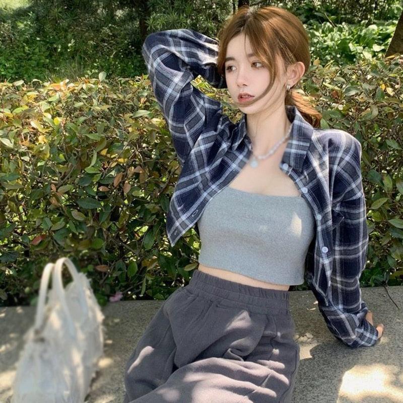 Camisas Femininas Casuais Xadrez com Gola Virada para Baixo: Estilo Coreano em Cada Detalhe - Loja Universo 4V