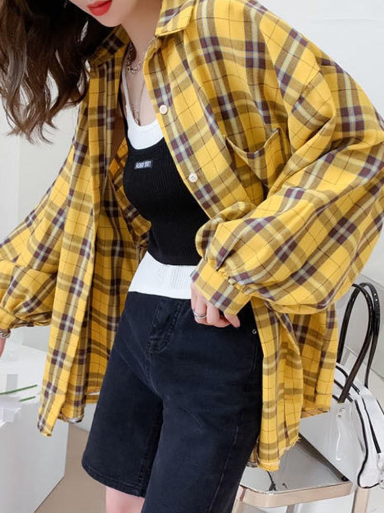 Camisa Feminina Xadrez: Moda Coreana Oversize para um Estilo Harajuku Descolado