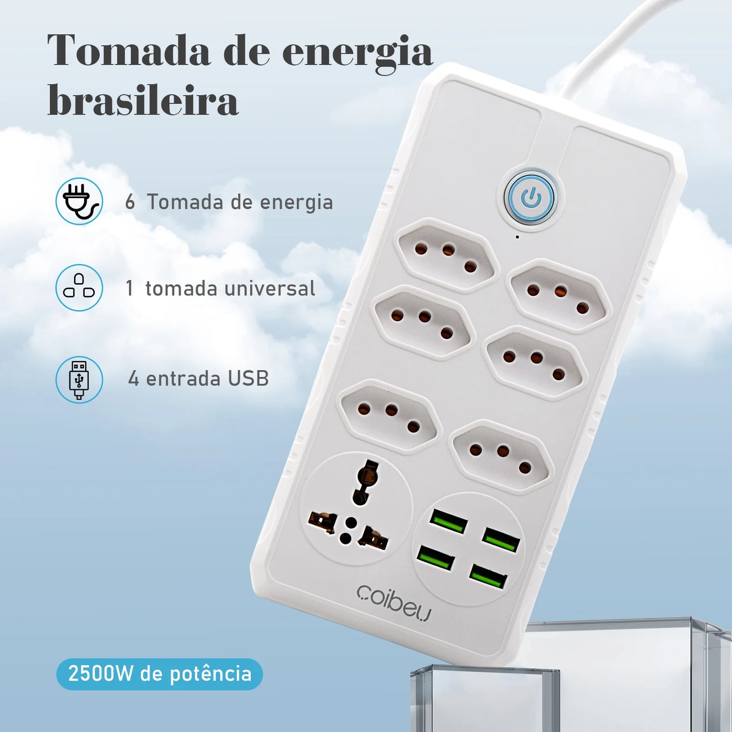 Extensão Elétrica com Entradas USB – Filtro de Linha 10A Bivolt 100-220V