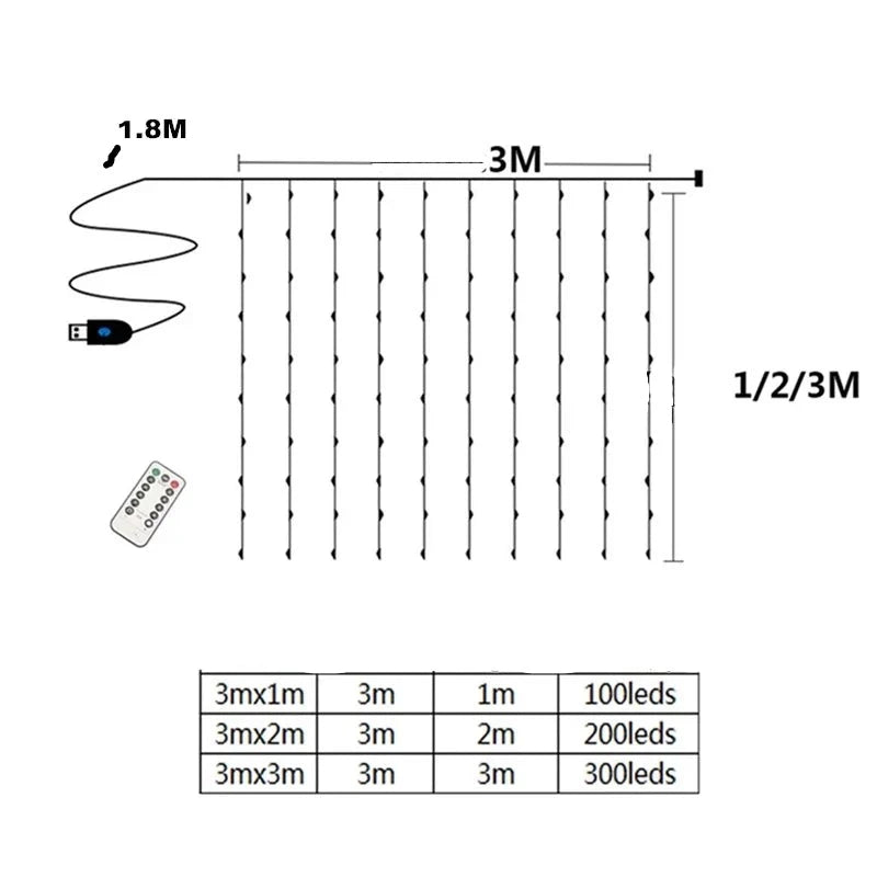 Cortina de Luz LED de 3 metros: Ambiente Iluminado com Controle Remoto USB - Loja Universo 4V