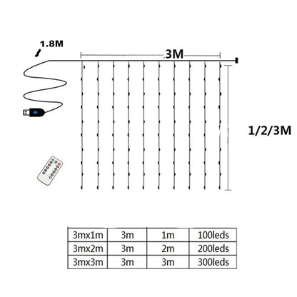 Cortina de Luz LED de 3 metros: Ambiente Iluminado com Controle Remoto USB - Loja Universo 4V