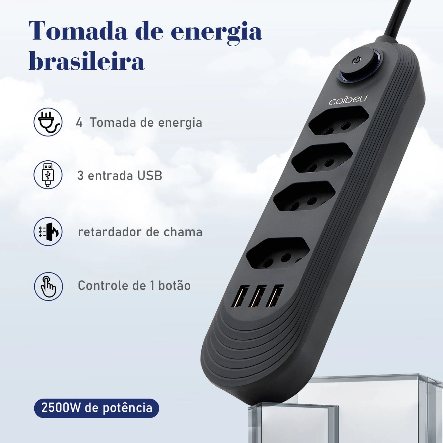 Extensão Elétrica com Entradas USB – Filtro de Linha 10A Bivolt 100-220V