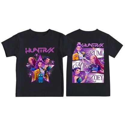 Camiseta Infantil Kpop Demon Hunters 2025 – Estampa Gráfica Exclusiva, Manga Curta e Tecido Confortável