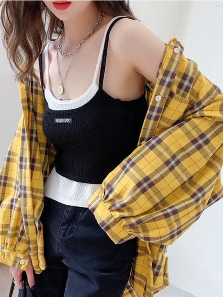 Camisa Feminina Xadrez: Moda Coreana Oversize para um Estilo Harajuku Descolado