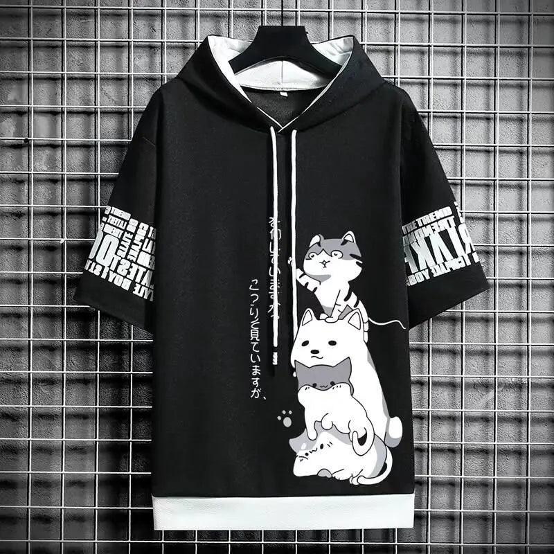 Moda japonesa Moletons masculinos Desenho animado Casual Harajuku Streetwear com capuz e Manga curta