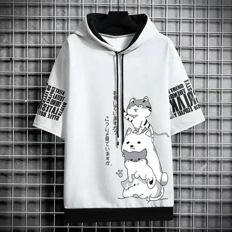 Moda japonesa Moletons masculinos Desenho animado Casual Harajuku Streetwear com capuz e Manga curta