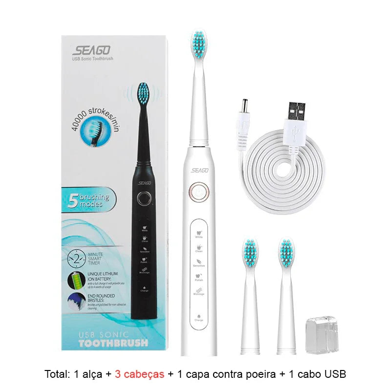 Escova de Dentes Elétrica Recarregável Sonic Travel: Limpeza Conveniente com Cabeças de Substituição para Adultos - Loja Universo 4V