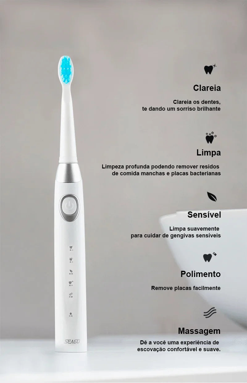 Escova de Dentes Elétrica Recarregável Sonic Travel: Limpeza Conveniente com Cabeças de Substituição para Adultos - Loja Universo 4V